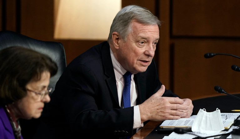 Senator Dick Durbin, a Democrat from Illinois, speaks during a news conference at the U.S. Capitol in Washington, D.C.. U.S., on Tuesday, March 23, 2021. Photographer: Erin Scott/Bloomberg