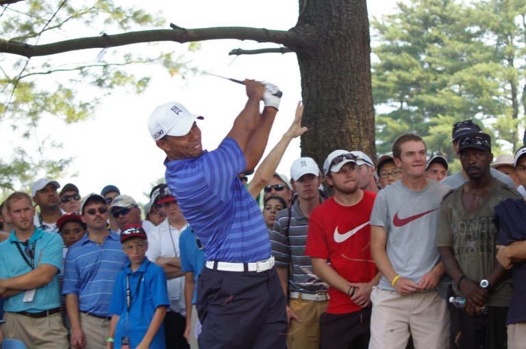  With this shot off pine straw at No. 6, Tiger Woods put himself in positioin to make a birdie, but failed to get up and down from a bunker. Photo by Kevin Dunleavy 