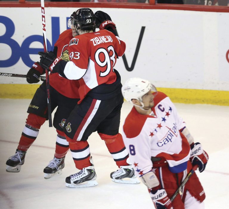 Fred Chartrand/AP/Canadian Press
Cory Conacher and Mika Zibanejad celebrate Conacher's go-ahead goal in the second period of Ottawa's win over the Capitals.