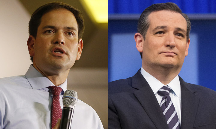 With a gain of 3 points, Sen. Marco Rubio has shot into second place with 15 percent. Texas Sen. Ted Cruz dropped into third with 14 percent. (AP Photo/John Locher)