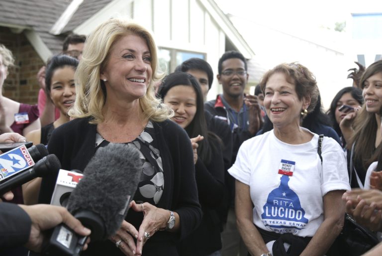 Texas Democratic gubernatorial candidate Wendy Davis speaks to supporters and media at a campaign event Monday, Nov. 3, 2014, in Houston. (AP Photo/Pat Sullivan)