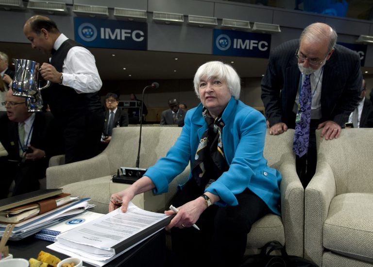Federal Reserve Chair Janet Yellen, attends the International Monetary and Financial Committee (IMFC) at the World Bank-International Monetary Fund annual meetings in Washington, Saturday, April 18, 2015. ( AP Photo/Jose Luis Magana)