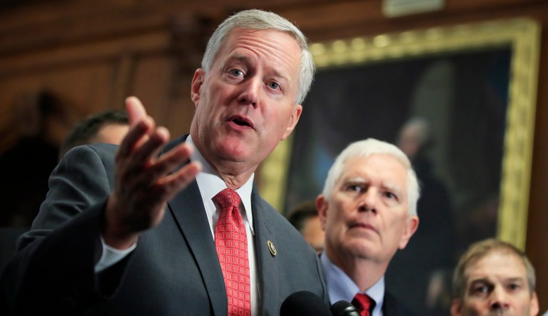 Freedom Caucus Chairman Rep. Mark Meadows, R-S.C., speaks to reporters on Capitol Hill in Washington, Wednesday, July 19, 2017. (AP Photo/Manuel Balce Ceneta)
