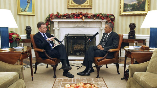NPR Morning Edition Host Steve Inskeep interviewing President Obama. NPR photo