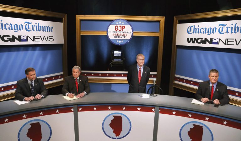 Illinois Republican primary gubernatorial candidates sit before a debate in Chicago on March 5. (AP Photo/Charles Rex Arbogast, File)