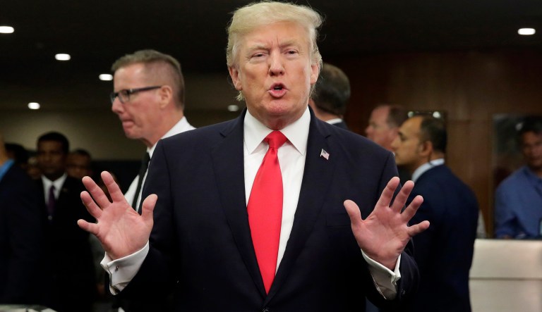 President Donald Trump stops to talk to the media as he leaves the United Nations headquarters, Monday, Sept. 18, 2017. (AP Photo/Richard Drew)