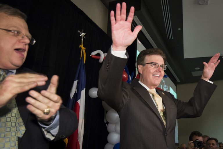 State Sen. Dan Patrick waves to supporters during a election-night watch party after the polls closed in the Republican primary runoff election on Tuesday in Houston. (AP Photo/Houston Chronicle, Smiley N. Pool)