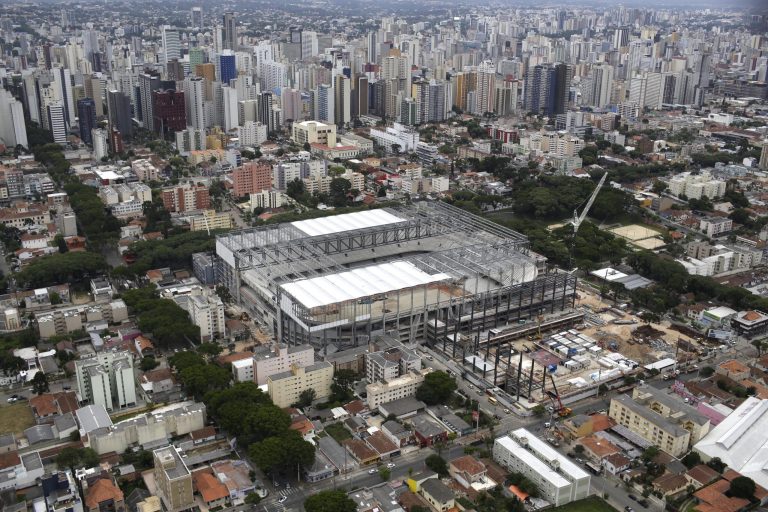 FILE - This Dec. 14 2013 file photo shows an aerial view of the Arena da Baixada stadium in Curitiba, Brazil. Brazilian authorities are pushing for this stadium to be finished in time for the 2014 World Cup soccer tournament. (AP Photo/Renata Brito, File)