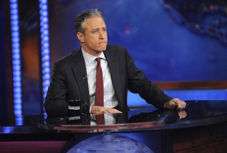 Television host Jon Stewart is seen during a taping of 