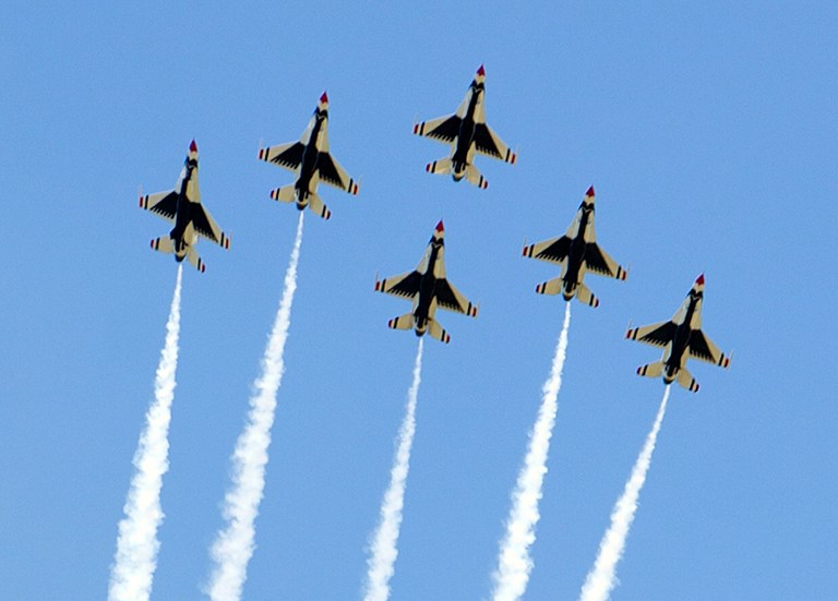 The Air Force Thunderbirds fly in formation during graduation ceremonies at the 2016 class of the U.S. Air Force Academy, Thursday, June 2, 2016, in Colorado Springs, Colo. President Barack Obama delivered the commencement address. A Thunderbirds jet crashed after flyover of academy commencement attended by Obama.