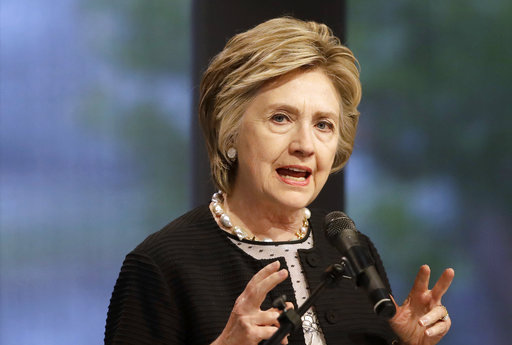 In this June 5, 2017 file photo, former Secretary of State Hillary Clinton speaks in Baltimore. Clinton lost the 2016 election to President Donald Trump, but some Republicans in Congress are intensifying their calls to investigate her and other Obama administration officials. (AP Photo/Patrick Semansky, File)