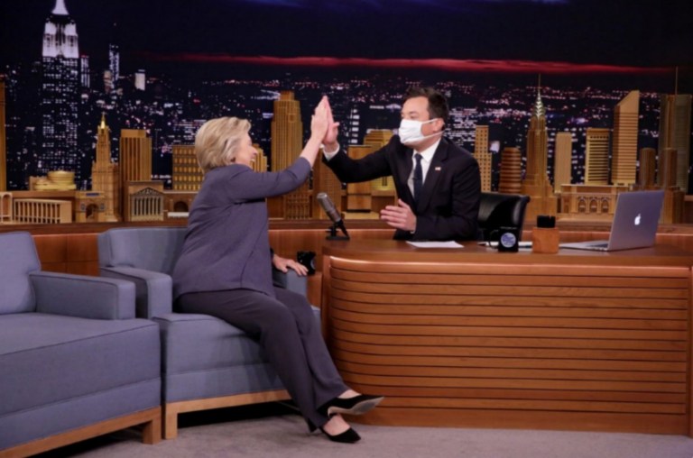 Jimmy Fallon won an enthusiastic high five from Hillary Clinton on the Tonight Show episode which will air Monday, Sept. 19 on NBC. (From Twitter account of @ABCLiz)