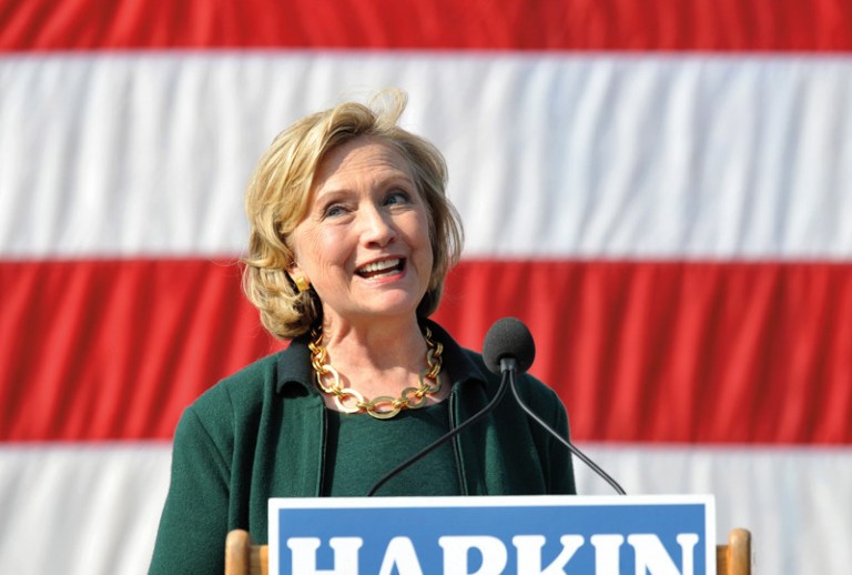 Former Secretary of State Hillary Rodham Clinton speaks to a large gathering at the 37th Harkin Steak Fry on Sept. 14 in Indianola, Iowa. (Steve Pope/Getty Images)