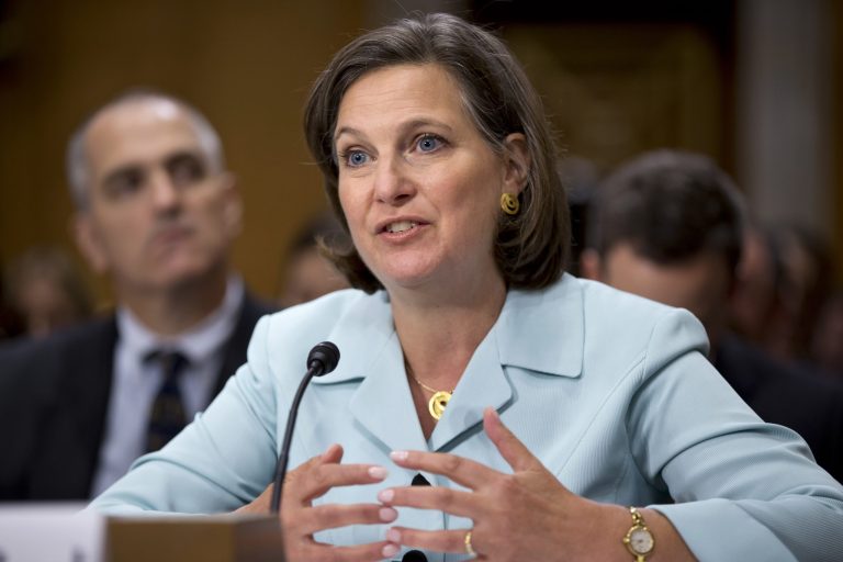   FILE - In this Juy 11, 2013, Victoria Nuland testifies on Capitol Hill in Washington, before the Senate Foreign Relations Committee. The Senate has confirmed President Barack Obamaâs choice of Nuland as chief U.S. envoy for Europe who was criticized for her role in the talking points created after last year's deadly attack in Benghazi, Libya. By voice vote on Thursday, Sept. 12, 2013, the Senate approved the nomination of Nuland to the top diplomatic post. (AP Photo/J. Scott Applewhite, File)  