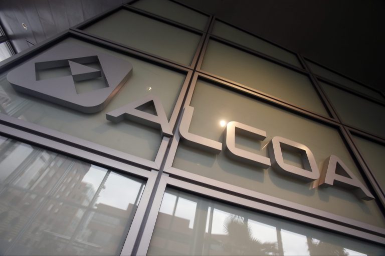 FILE - This April 7, 2014 file photo shows the Alcoa logo in the lobby of the company's headquarters in Pittsburgh. Alcoa reports quarterly financial results on Wednesday, Oct. 8, 2014. (AP Photo/Gene Puskar, File)