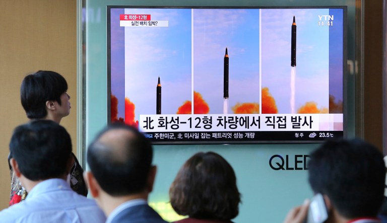 People watch a TV screen showing a local news program reporting about North Korea's missile launch, at the Seoul Railway Station in Seoul, South Korea, Saturday, Sept. 16, 2017. A Trump administration official said it is up to the Pentagon to decide if North Korea's continued missile launches and weapons tests warrant action from the United States. (AP Photo/Ahn Young-joon)
