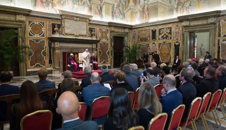 Pope Francis speaks during an audience with members of the Pontifical Academy of Social Sciences, at the Vatican Friday, Oct. 20, 2017. (L'Osservatore Romano/Pool Photo via AP)
