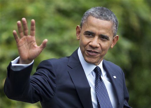 President Barack Obama waves as he leaves the White House in Washington for a campaign trip to Los Angeles, Calif., Sunday, Oct. 7, 2012.  (AP Photo/Manuel Balce Ceneta)