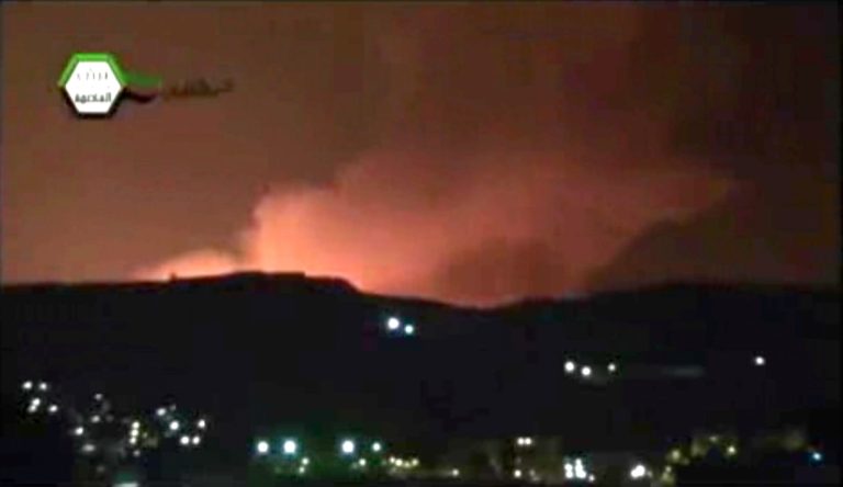 In this image taken from video obtained from the Ugarit News, which has been authenticated based on its contents and other AP reporting, smoke and fire fill the the skyline over Damascus, Syria, early Sunday, May 5, 2013 after an Israeli airstrike. Israeli warplanes struck areas in and around the Syrian capital Sunday, setting off a series of explosions as they targeted a shipment of highly accurate, Iranian-made guided missiles believed to be on their way to Lebanon's Hezbollah militant group, officials and activists said. The attack, the second in three days, signaled a sharp escalation of Israel's involvement in Syria's bloody civil war. Syria's state media reported that Israeli missiles struck a military and scientific research center near the Syrian capital and caused casualties. (AP Photo/Ugarit News via AP video)