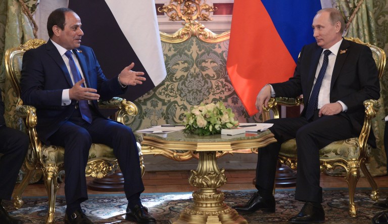 Next week, Russian President Vladimir Putin (pictured right in this photo from 2015) will visit Egypt and hold talks with its military leader, Abdel Fattah el-Sissi (pictured right). According to Russian news reports, defense, trade, and commercial ties will be high up on the agenda. (Alexei Nikolsky/RIA Novosti, Kremlin Pool Photo via AP)