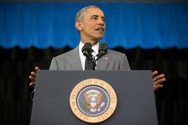 President Barack Obama delivers remarks at Andrew P. Sanchez Community Center in New Orleans, Thursday, Aug. 27, 2015, for the 10th anniversary since the devastation of Hurricane Katrina. (AP Photo/Andrew Harnik)