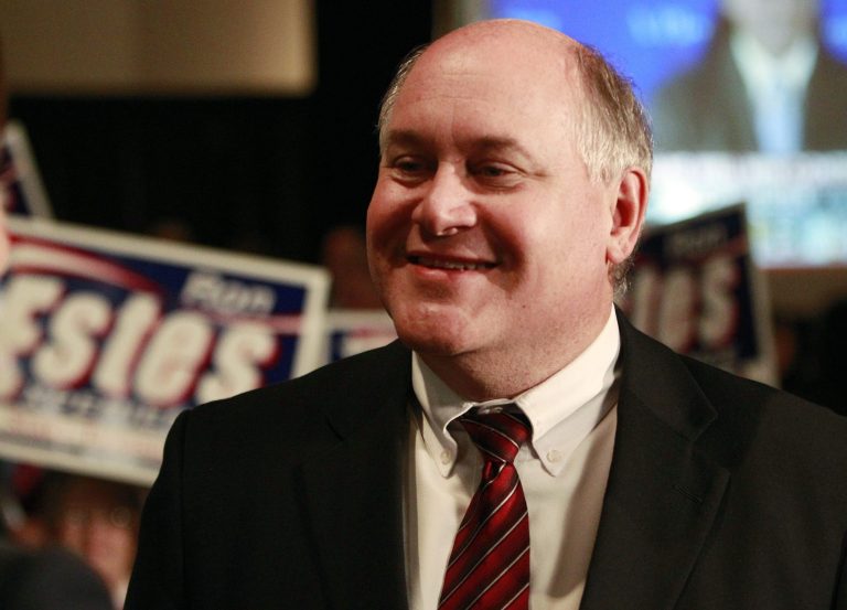 Democrat James Thompson came within 10 points of Republican Kansas State Treasurer Ron Estes, shown, in the state's safely GOP 4th congressional district. (AP Photo/Orlin Wagner)