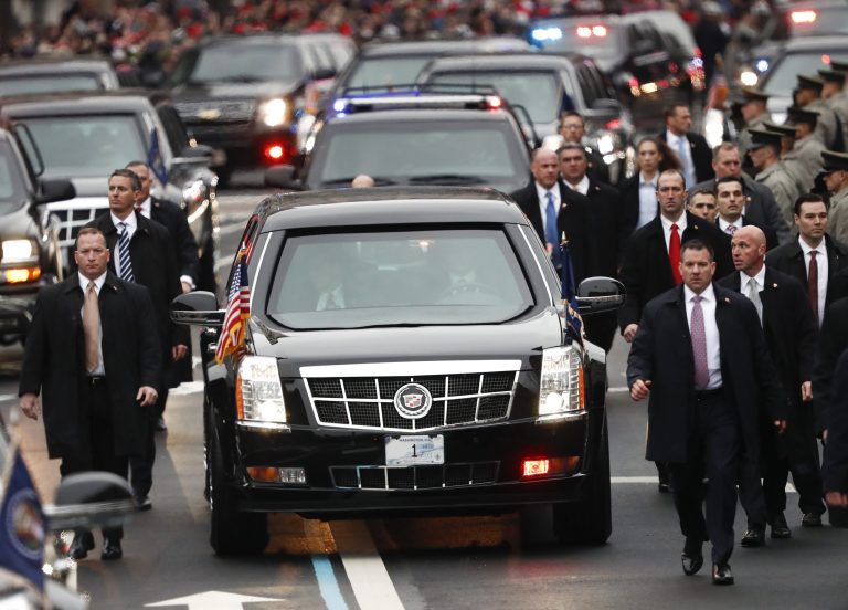 A vehicle in President Trump's motorcade was hit by a rock while driving in Florida on Friday evening. (AP Photo/Carolyn Kaster)