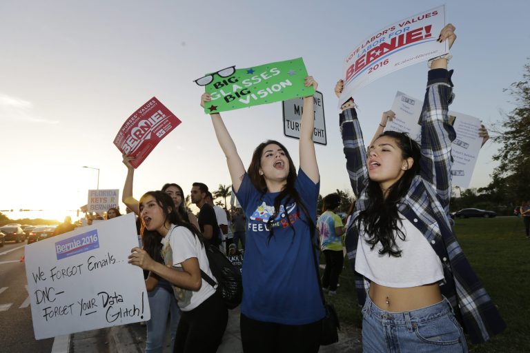 Supporters of Democratic presidential candidate, Sen. Bernie Sanders, I-Vt, line the streets outside Miami-Dade College before the Democratic presidential debate Wednesday. (AP Photo/Alan Diaz)