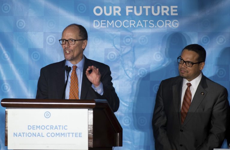 Rep. Keith Ellison, D-Minn., announced Monday that Tom Perez, the newly-elected Democratic National Committee chairman, will be his guest for President Trump's planned speech to a joint session of Congress Tuesday night. (AP Photo/Branden Camp)