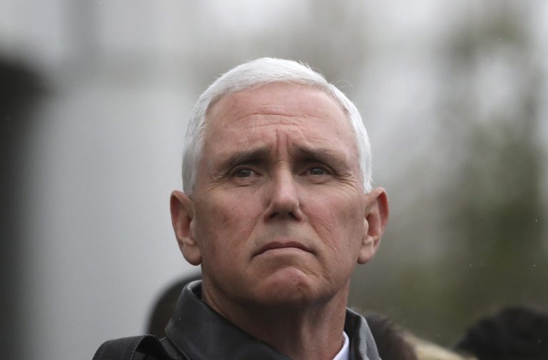 U.S. Vice President Mike Pence visits at the border village of Panmunjom which has separated the two Koreas since the Korean War, South Korea, Monday, April 17, 2017. (AP Photo/Lee Jin-man)