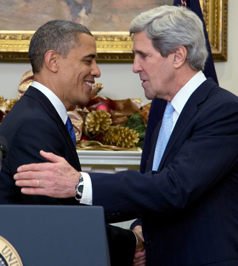   President Barack Obama, left, shakes hands with Sen. John Kerry, D-Mass., as he announces his nomination of Kerry as next secretary of state in the Roosevelt Room of the White House, Friday, Dec. 21, 2012, in Washington. (AP Photo/Carolyn Kaster)  