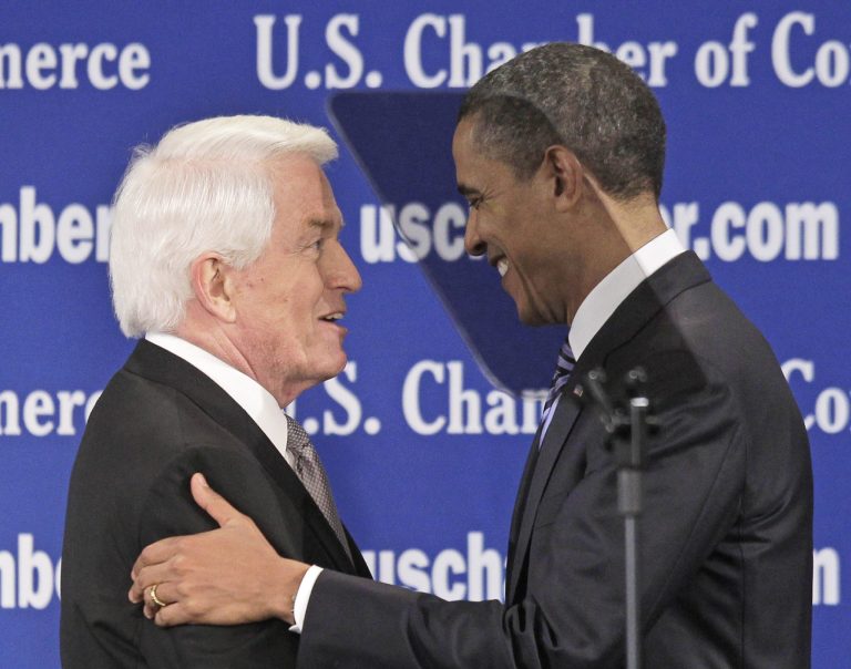 U.S. Chamber of Commerce President and CEO Thomas Donohue, shown above with President Obama on Feb. 7, 2011, expressed displeasure with Tea Party Republicans over the government shutdown. (AP Photo/Charles Dharapak)