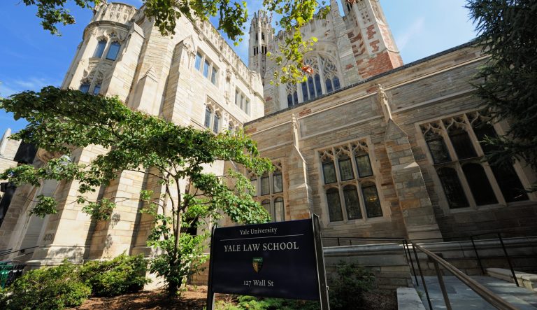 Sign in front of Yale Law School on the campus of Yale University in New Haven, Connecticut. 