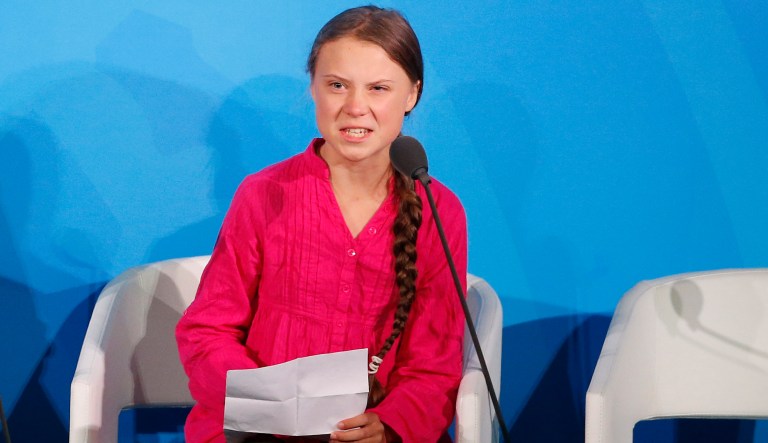 Environmental activist Greta Thunberg, of Sweden, addresses the Climate Action Summit in the United Nations General Assembly.