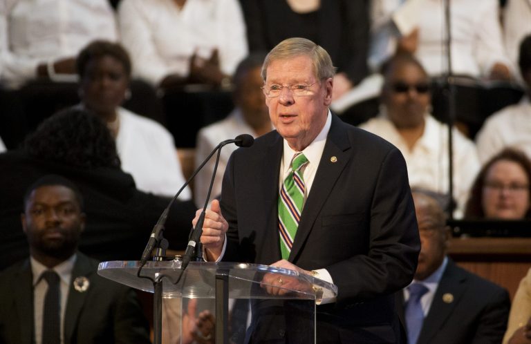 U.S. Sen. Johnny Isakson, R-Ga., speaks at the Rev. Martin Luther King Jr. holiday commemorative service at Ebenezer Baptist Church, the church where King preached, Monday, Jan. 19, 2015, in Atlanta. (AP Photo/David Goldman)