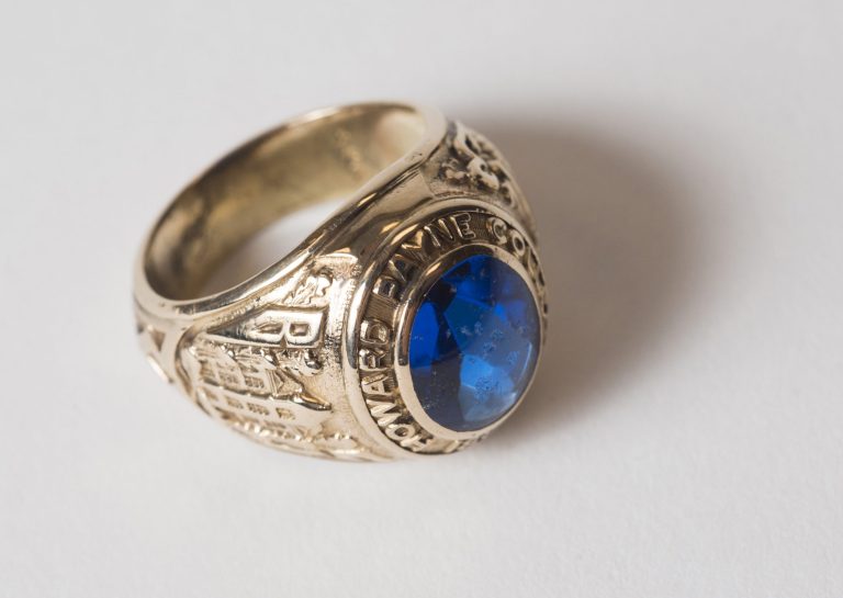 This June 10, 2014, handout photo proved by Howard Payne University shows A 1953 Howard Payne University class ring in Brownwood, Texas. An 84-year-old Washington state woman will soon be reunited with her 1953 university class ring after someone found it in a dried-up West Texas lake in March. Elizabeth Clark lost her Howard Payne University class ring in 1954 in Lake Nasworthy near San Angelo when she and her future husband went for a picnic and to wade into the water. (AP Photo/Howard Payne University/Matthew Lester)