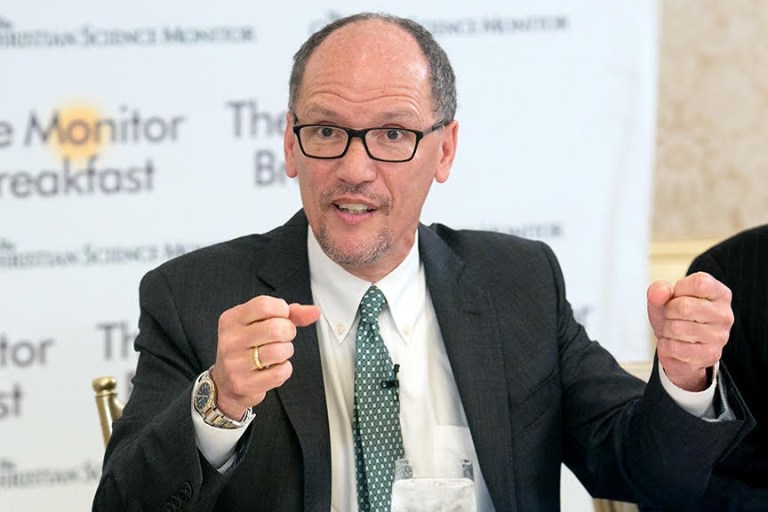 DNC Chairman Tom Perez speaks at a media breakfast on the upcoming gubernatorial elections. Michael Bonfigli/The Christian Science Monitor.