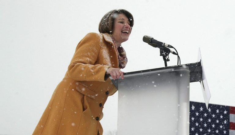 Sen. Amy Klobuchar, D-Minn., announces she is entering the race for president during a rally, Sunday, Feb. 10, 2019, at Boom Island Park in Minneapolis.