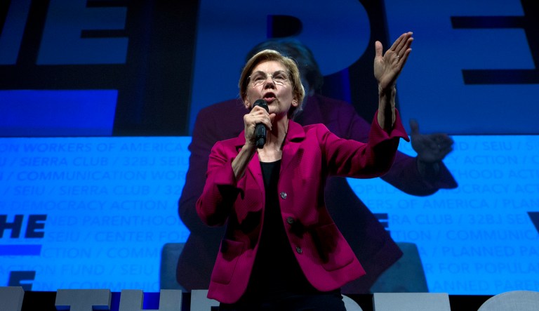 Democratic presidential candidate Sen. Elizabeth Warren, D-Mass., speaks during the We the People Membership Summit, featuring the 2020 Democratic presidential candidates, at the Warner Theater, in Washington, Monday, April 1, 2019.