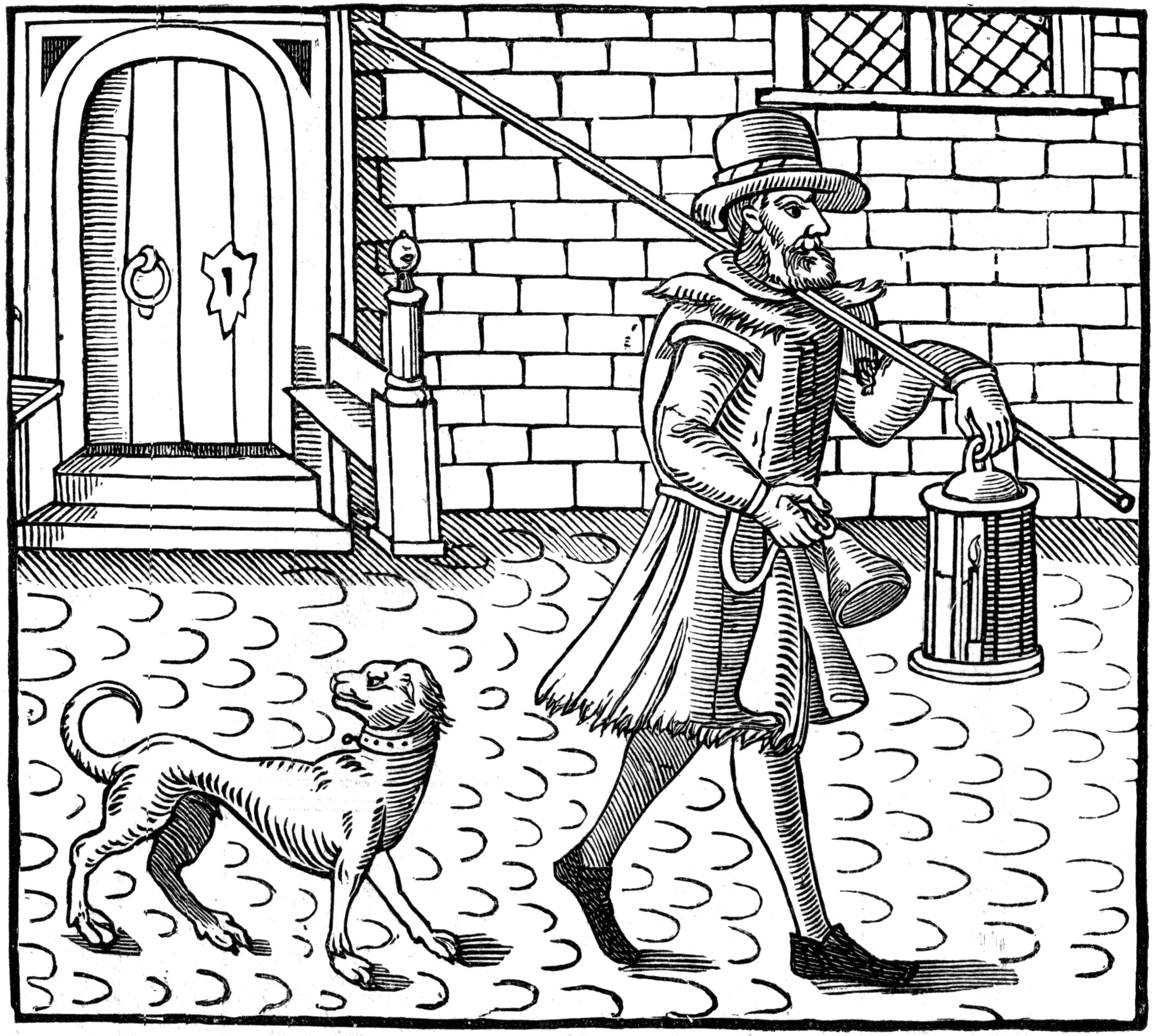 A night watchman—with a lantern, bell, spear, and dog—looks out for troublemakers. Illustration from the title page of Thomas Dekker’s ‘The Bellman of London’ (1616).