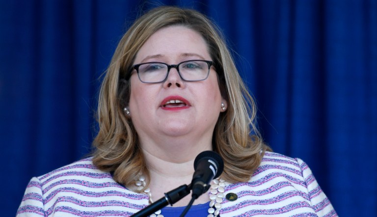General Services Administration Administrator Emily Murphy speaks during a ribbon cutting ceremony for the Department of Homeland Security's St. Elizabeths Campus Center Building in Washington, Friday, June 21, 2019. 
