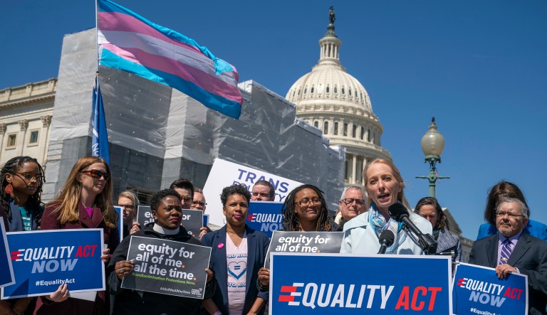 Rep. Mary Gay Scanlon, D-Pa., vice-chair of the House Judiciary Committee, joins advocates for the The Equality Act, a comprehensive nondiscrimination bill for LGBT rights, on Capitol Hill, in Washington, Monday, April 1, 2019.