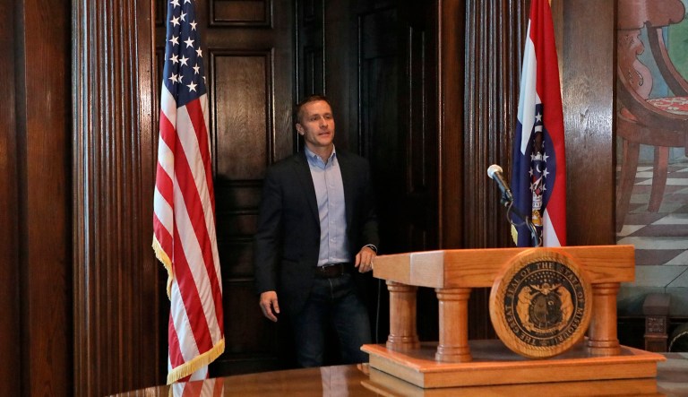 Gov. Eric Greitens approaches the microphone at a news conference on Wednesday, April 11, 2018, about a report that was about to come out concerning his affair in 2015. Greitens called the investigation a "witch hunt."