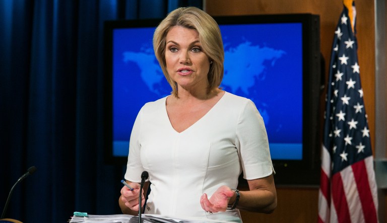 Department of State spokesperson Heather Nauert takes questions from reporters during a news briefing.