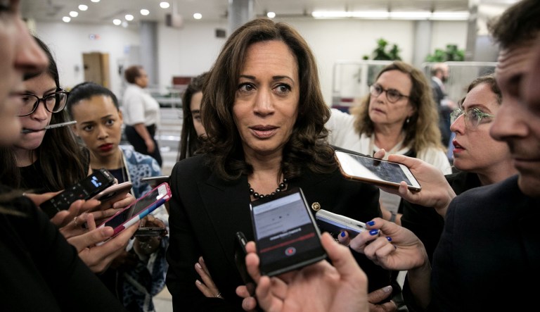 Sen. Kamala Harris, D-Calif., takes questions from reporters on Capitol Hill in D.C.