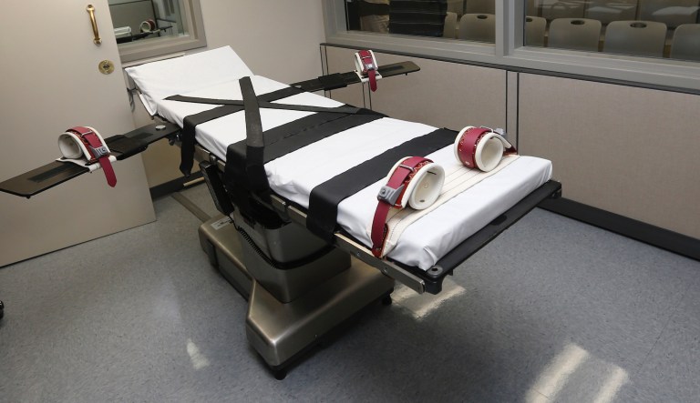 This Oct. 9, 2014, file photo shows the gurney in the the execution chamber at the Oklahoma State Penitentiary in McAlester, Okla. The Oklahoma House has approved legislation Thursday, Feb. 16, 2017, to eliminate the electric chair as a method of execution, although it's been more than 50 years since the state's last electrocution. The bill lists which execution methods are allowed, including lethal injection, nitrogen hypoxia, which causes death by depleting oxygen in the blood, firing squad and any other form not prohibited by the U.S. Constitution.
