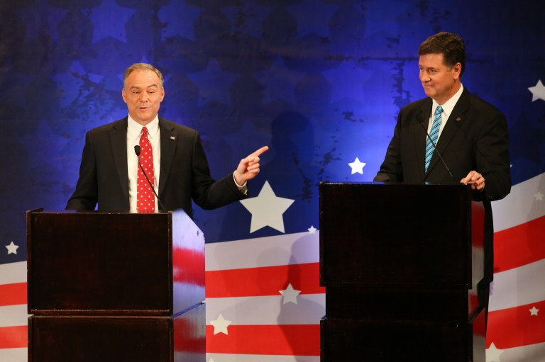 Democratic candidate Tim Kaine and Republican candidate George Allen face off in a debate for the Virginia U.S. Senate seat on Sept. 20, 2012. (Graeme Jennings/Examiner)
