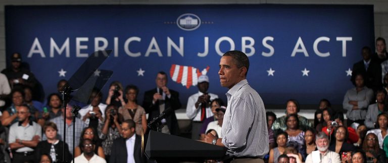 U.S. President Barack Obama pauses as he speaks on jobs at Greensville County High School October 18, 2011 in Emporia, Virginia. President Obama was on the second day of his three-day bus tour through North Carolina and Virginia to push for his Jobs Bill. (Photo by Alex Wong/Getty Images)