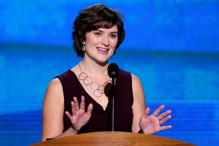 Sandra Fluke, attorney and women's rights activist, addresses the Democratic National Convention in Charlotte, N.C., on Wednesday, Sept. 5, 2012. (AP Photo/J. Scott Applewhite)