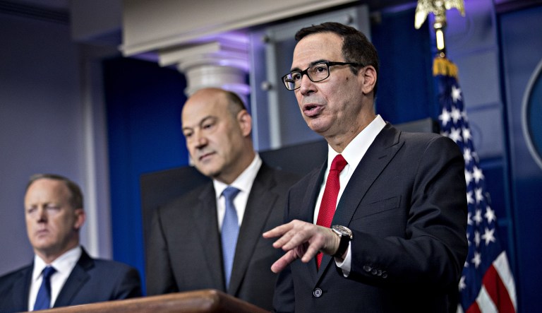 Treasury Secretary Steven Mnuchin, National Economic Council Director Gary Cohn speak about President Trump's economic plans. (Andrew Harrer/Bloomberg)